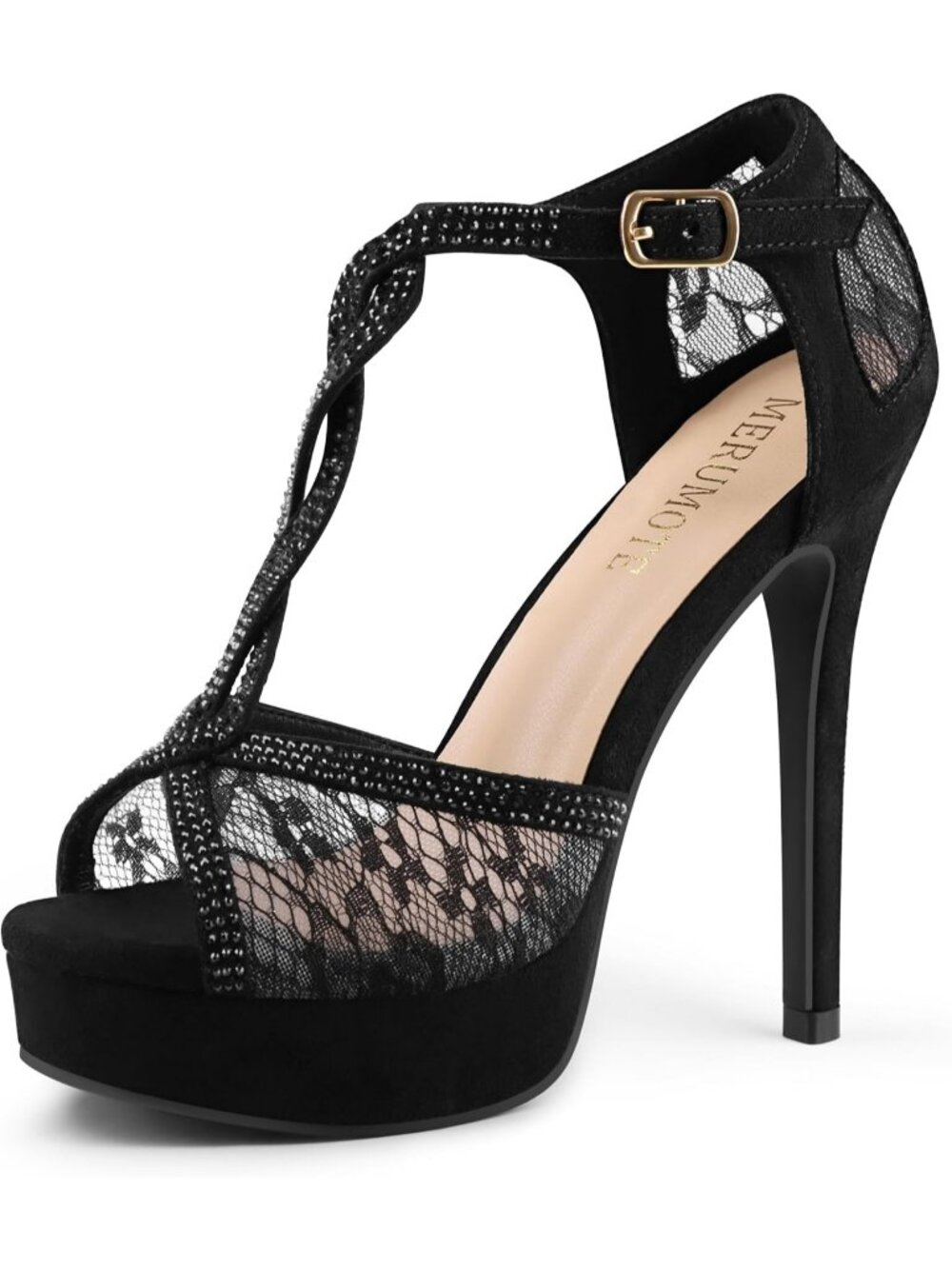 Women's Black Suede Peep Toe Platform Stilettos Sparkly Rhinestone Lace Heels